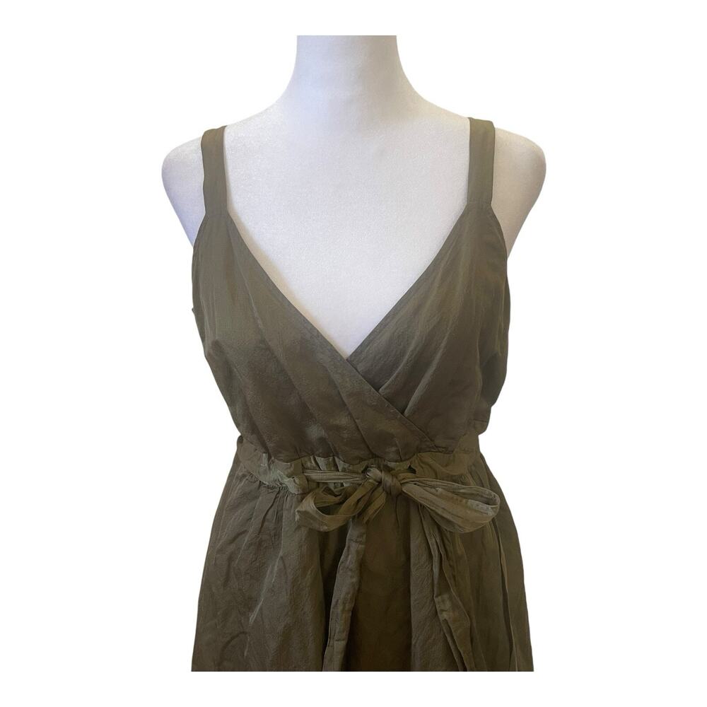 Eileen Fisher Dress Womens 6 Olivine Olive Green Steel Satin Empire Waist Tie - Picture 3 of 12